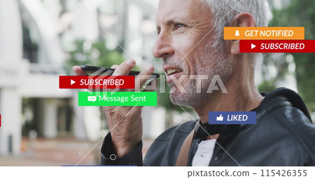 Image of social media icons over senior man using smartphone Image of social media icons over senior man using smartphone 115426355