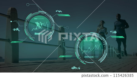 Image of data processing over diverse man and woman running 115426385