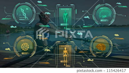 Image of data processing over senior caucasian man rowing Image of data processing over senior caucasian man rowing 115426417