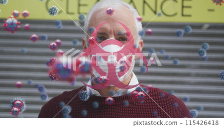 Image of covid 19 cells over senior man wearing face mask Image of covid 19 cells over senior man wearing face mask 115426418