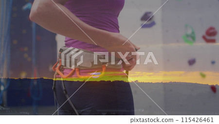 Image of data processing over caucasian woman climbing wall Image of data processing over caucasian woman climbing wall 115426461