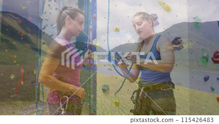 Image of landscape over caucasian women by climbing wall 115426483