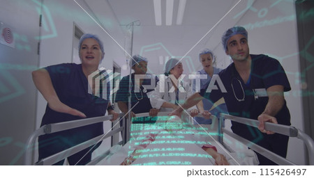 Image of medical data over diverse female and male doctors pushing patient in hospital bed Image of medical data over diverse female and male doctors pushing patient in hospital bed 115426497