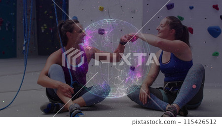 Image of data processing and globe over caucasian women by climbing wall Image of data processing and globe over caucasian women by climbing wall 115426512