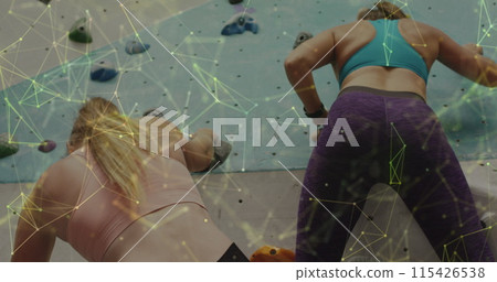 Image of data processing with connections over caucasian women climbing wall Image of data processing with connections over caucasian women climbing wall 115426538