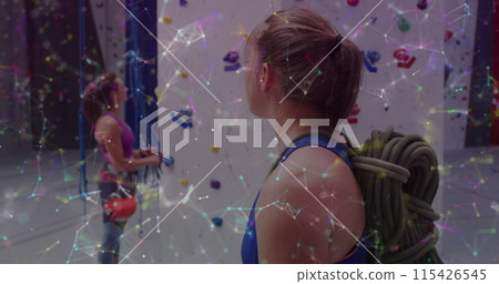 Image of data processing over caucasian women climbing wall 115426545