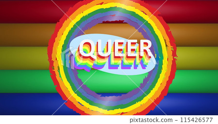 Image of queer text and rainbow circles over rainbow stripes and colours moving on seamless loop 115426577