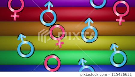 Image of male and female symbols over rainbow stripes and colours moving on seamless loop 115426631