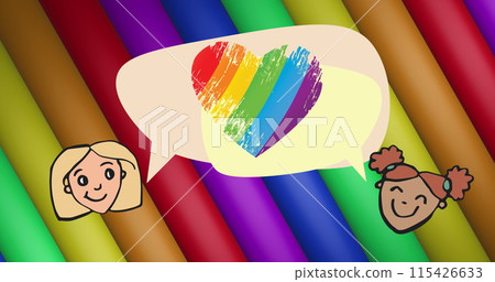 Image of two girls chatting over rainbow heart and stripes and colours moving on seamless loop Image of two girls chatting over rainbow heart and stripes and colours moving on seamless loop 115426633