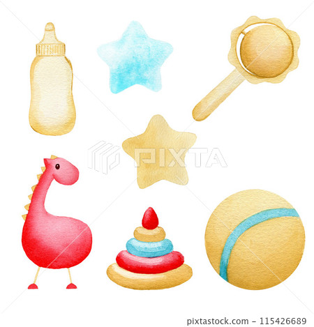 Watercolor nursery set of toys. Hand painted cute baby toys, stars, ball, beanbag, baby bottle, dinosaur. Illustration for baby shower design Watercolor nursery set of toys. Hand painted cute baby toys, stars, ball, beanbag, baby bottle, dinosaur. Illustration for baby shower design 115426689