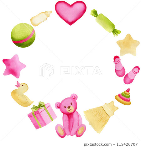 Watercolor round composition with pink teddy bear and toys on white background. Cute baby hand drawn illustration for greeting cards, kid posters Watercolor round composition with pink teddy bear and toys on white background. Cute baby hand drawn illustration for greeting cards, kid posters 115426707