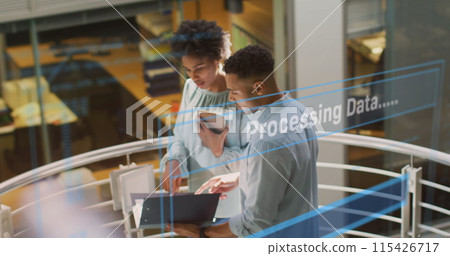 Image of data processing text over diverse business people working in office Image of data processing text over diverse business people working in office 115426717