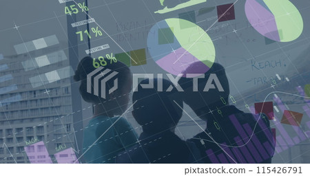 Image of financial data processing over diverse group of business people taking notes 115426791