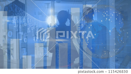 Image of financial data processing over two diverse business people talking 115426830