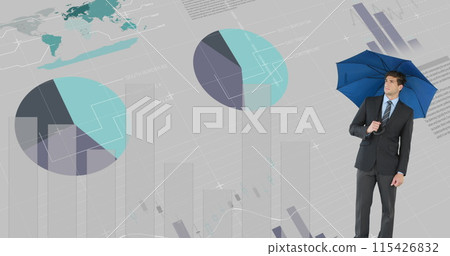 Businessman with umbrella stands against graph backdrop. Businessman with umbrella stands against graph backdrop. 115426832