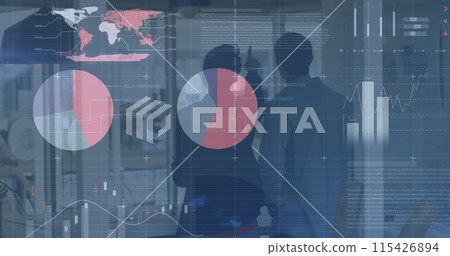Image of data processing over two diverse business people talking in office Image of data processing over two diverse business people talking in office 115426894