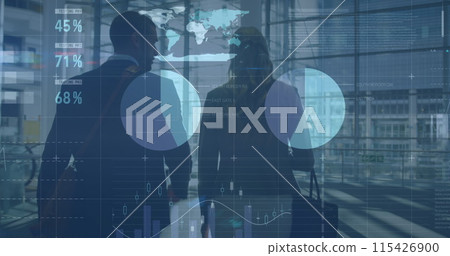 Image of financial data processing over two caucasian business people walking Image of financial data processing over two caucasian business people walking 115426900
