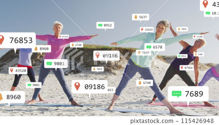 Image of social media notifications, over women exercising on beach Image of social media notifications, over women exercising on beach 115426948