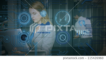Caucasian woman interacts with futuristic interface, with copy space Caucasian woman interacts with futuristic interface, with copy space 115426960