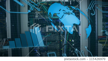Image of globe spinning and data processing over cables in computer server 115426970