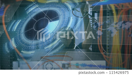 Image of scan scoping over caucasian female server room worker Image of scan scoping over caucasian female server room worker 115426975