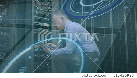 Image of scope scanning and data processing over caucasian it man fixing computer server 115426986