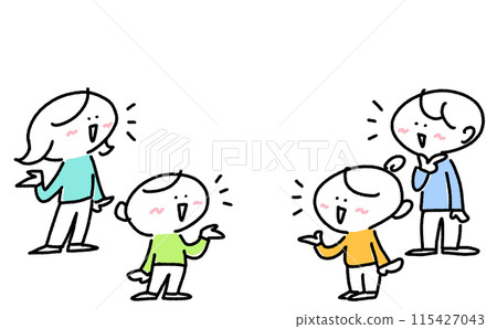 人們討論，家庭，微笑，討論，諮詢，聊天，辯論，家庭，簡單可愛的線條畫插圖 115427043