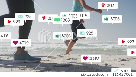 Image of social media notifications, over women running on beach 115427061