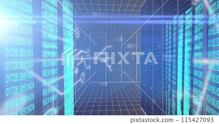 Image of data processing and circuit board over computer servers 115427093