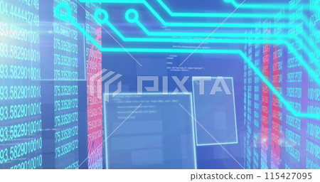 Image of data processing and circuit board over computer servers Image of data processing and circuit board over computer servers 115427095