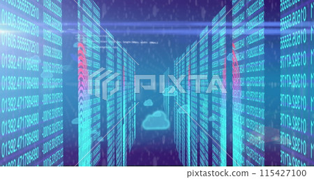 Image of cloud icons, data processing and connections over computer servers 115427100