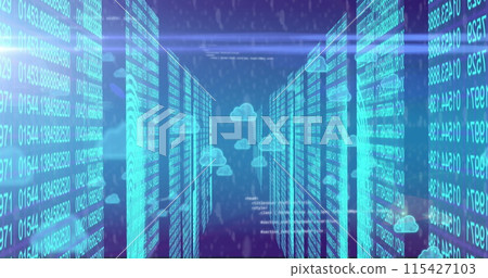 Image of cloud icons, data processing and connections over computer servers 115427103
