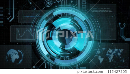 Image of data processing with scope scanning on black background 115427205