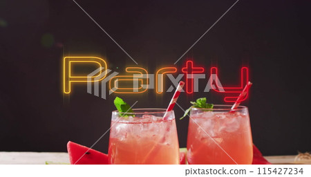 Image of party neon text and cocktails on black background Image of party neon text and cocktails on black background 115427234