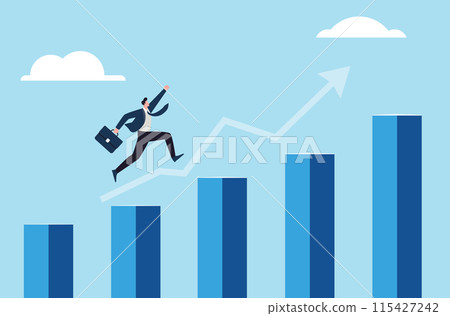 Businessman jumping up the bar graph Businessman jumping up the bar graph 115427242