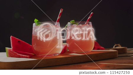 Image of open neon text and cocktails on black background 115427250