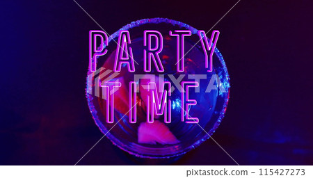 Image of party time neon text and cocktail on blue background 115427273