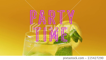 Image of party time neon text and cocktail on orange background 115427290