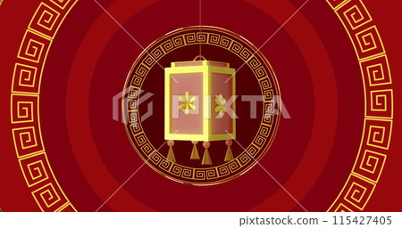 Image of lantern and chinese pattern with copy space on red background 115427405