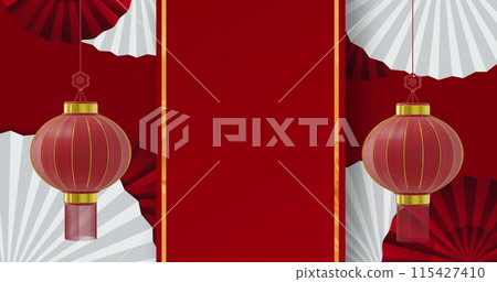Image of lanterns and chinese pattern with copy space on red background 115427410
