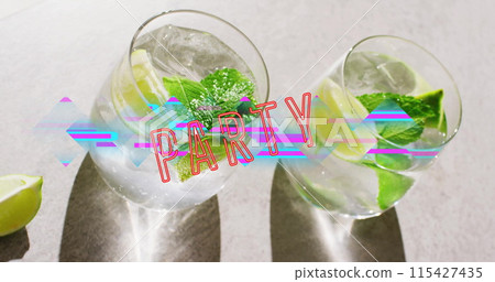 Image of party neon text and cocktails on wthie background 115427435