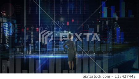 Image of financial data processing over businesswoman and cityscape Image of financial data processing over businesswoman and cityscape 115427442