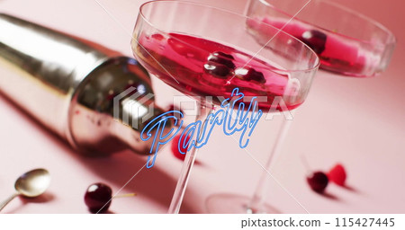 Image of party neon text and cocktails on pink background 115427445
