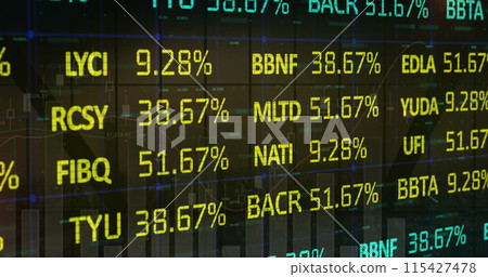 Image of stock market and financial data processing over black background Image of stock market and financial data processing over black background 115427478