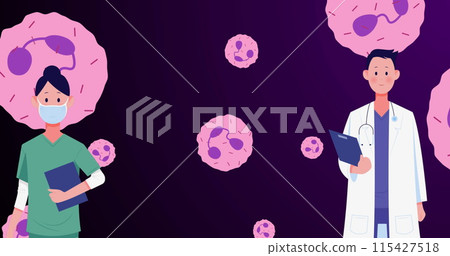 Image of caucasian doctors over pink cells on violet background 115427518