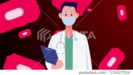 Image of caucasian male doctor in face mask over red cells on red background Image of caucasian male doctor in face mask over red cells on red background 115427534
