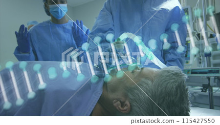 Image of dna over caucasian doctors and senior patient before operation 115427550