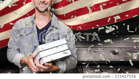 Image of student smiling and banknotes over american flag 115427558