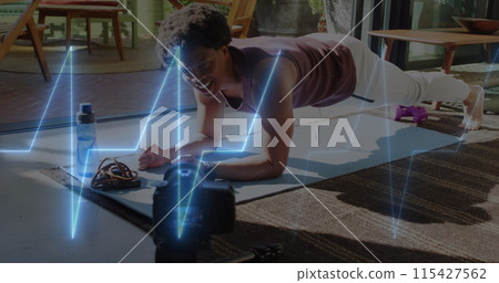 Image of neon heart rate over african american man doing plank 115427562