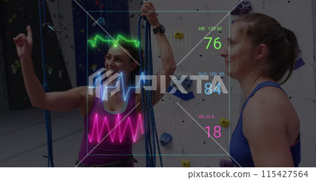 Image of neon heart rate over happy caucasian women exercising 115427564